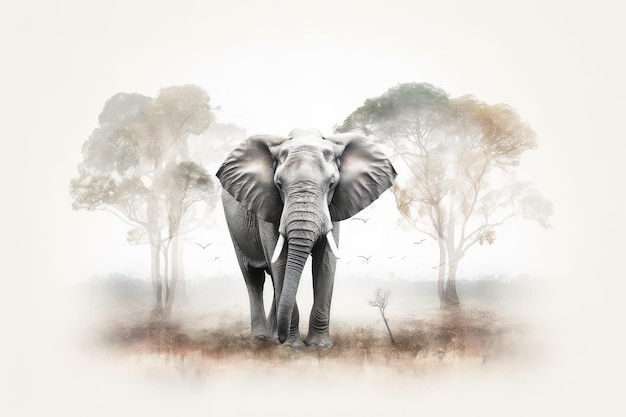 Éléphant dans l'illustration de la double exposition de la savane