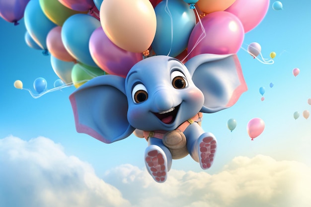 Éléphant de dessin animé coloré planant dans le ciel avec des ballons Un chef-d'œuvre d'IA génératif