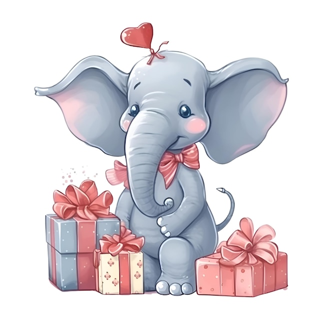 Éléphant de dessin animé mignon avec coffrets cadeaux Illustration vectorielle sur fond blanc