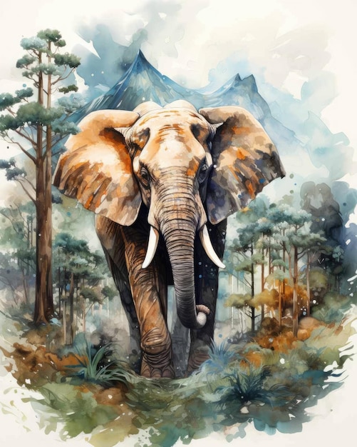 Éléphant Double exposition d'un éléphant et d'arbres de montagnes de la nature dans l'art de l'aquarelle
