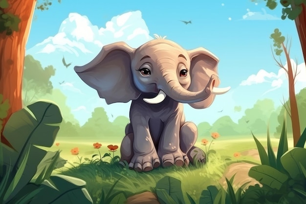 Éléphant drôle dans la nature sauvage Illustration d'animal de dessin animé dessiné ai génératif