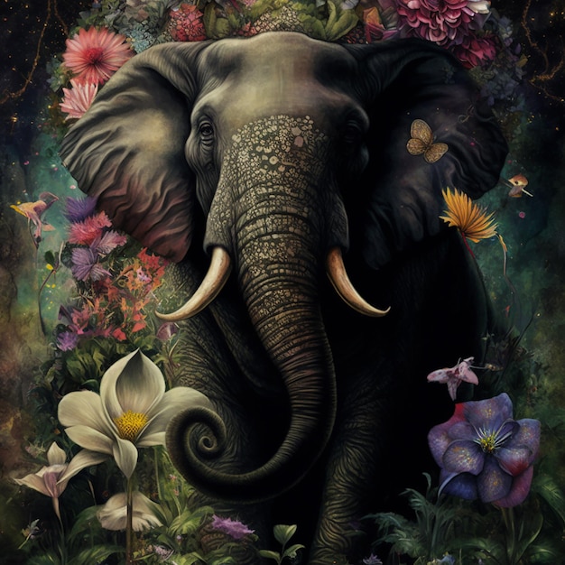 Éléphant et fleurs