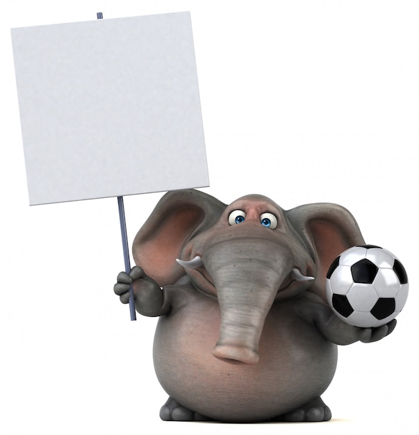 Éléphant illustré amusant 3D tenant un ballon de football et une pancarte vierge