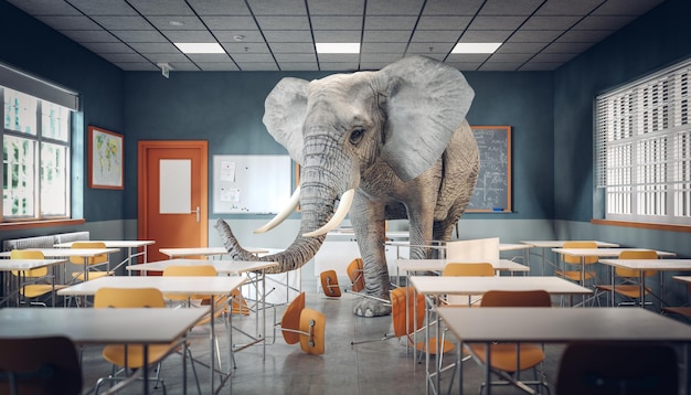 Éléphant à l'intérieur d'une salle de classe d'école moderne