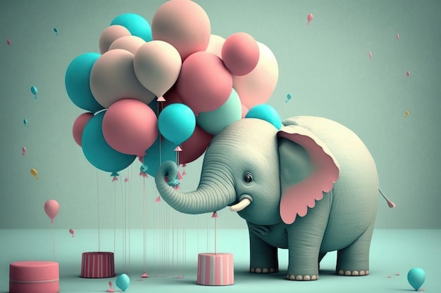 Éléphant mignon fête son anniversaire bébé éléphant se tient près de ballons et d'un gâteau avec des bougies ai génératif