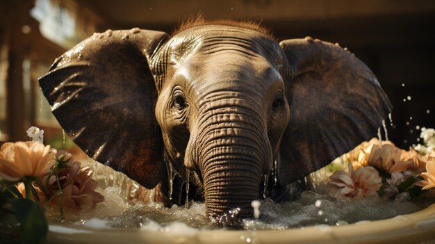 Éléphant prenant un bain dans une baignoire