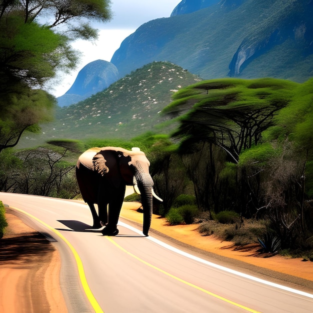 Éléphant sur une route