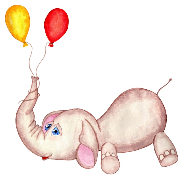 Éléphant volant dans des ballons jaune et rouge Illustration pour enfants isolé sur fond blanc