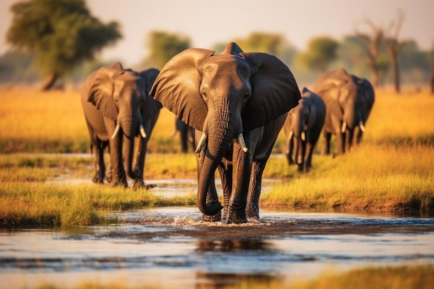 Éléphants dans un trou d'eau avec leurs trompes croisées devant eux.