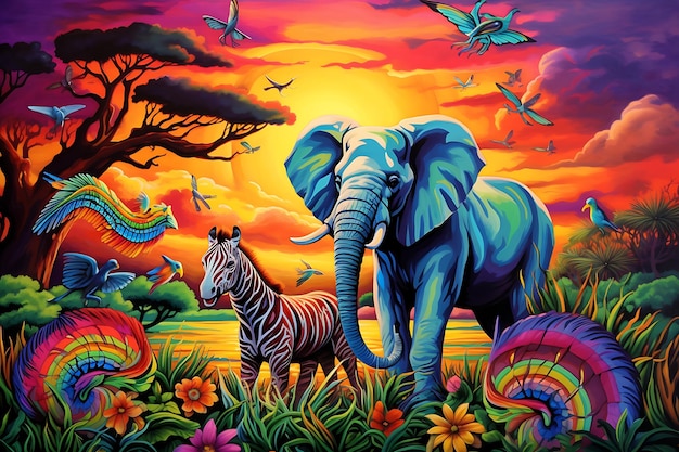 Éléphants éthérés et zèbre Airbrush Painting