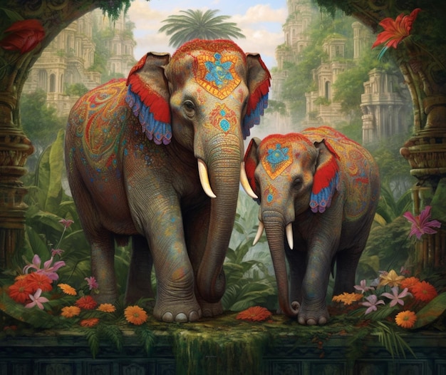 Éléphants et paons majestueux