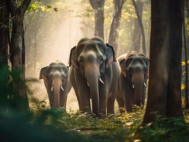 Éléphants thaïlandais dans la forêt Generative Ai