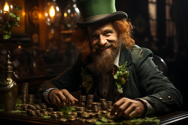 Un leprechaun portant un chapeau vert sur sa tête à côté d'une pile d'or générée par l'IA