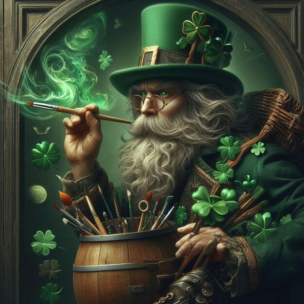 Le leprechaun souriant avec un pinceau