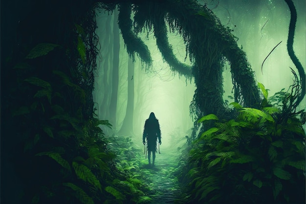 Leshy marchant parmi d'énormes fougères dans une forêt brumeuse mystique créée avec une IA générative
