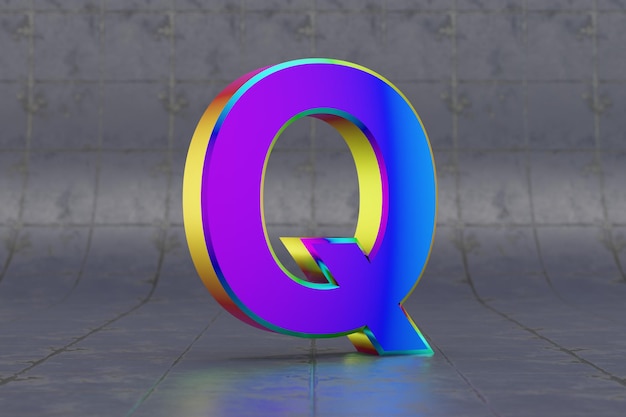 Photo lettre 3d multicolore q majuscule. lettre irisée brillante sur fond de carreaux. alphabet métallique avec des reflets lumineux de studio. caractère de police rendu 3d.