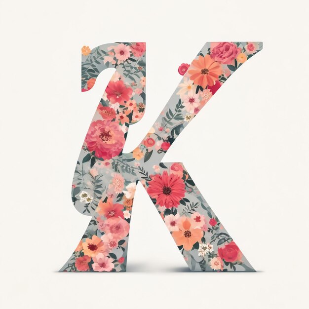 Photo lettre de l'alphabet floral k avec des fleurs à l'aquarelle et des initiales de feuilles monogram parfaitement pour le mariage