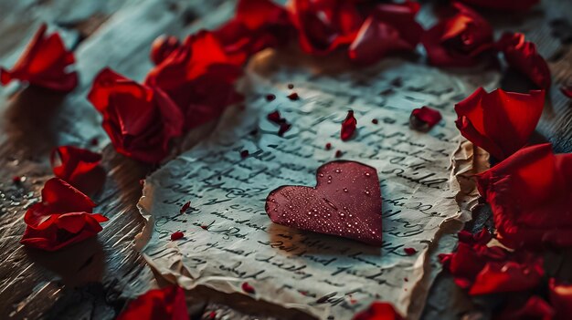 Lettre d'amour avec un cœur rouge sur un fond en bois concept de la Saint-Valentin