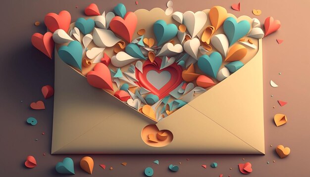 Lettre d'amour dans une enveloppe avec des coeurs Generative AI