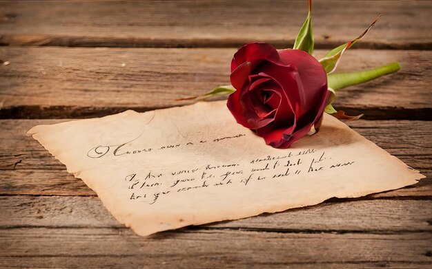 Photo une lettre d'amour magnifiquement vieillie repose sur une table en bois ornée d'une seule rose cramoisi peta