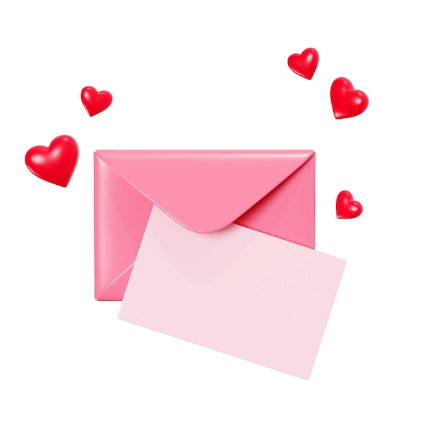 Lettre d'amour rendu 3d enveloppe rose ouverte avec carte papier et décoration coeur rouge volant