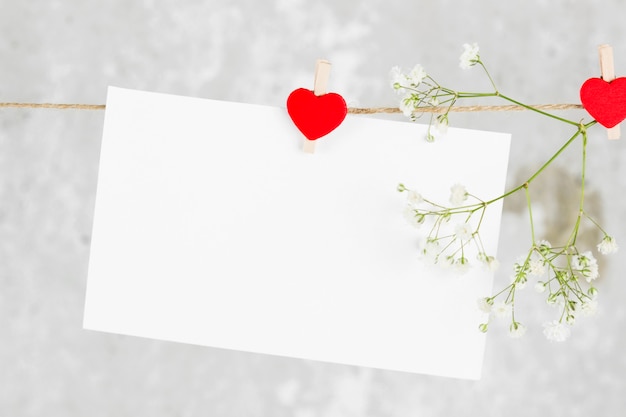 La lettre d'amour se bloque sur une corde et une fleur sur fond clair