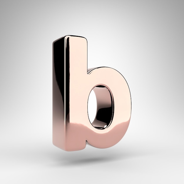 Lettre B minuscule sur fond blanc. Police de rendu 3D en or rose avec surface chromée brillante.