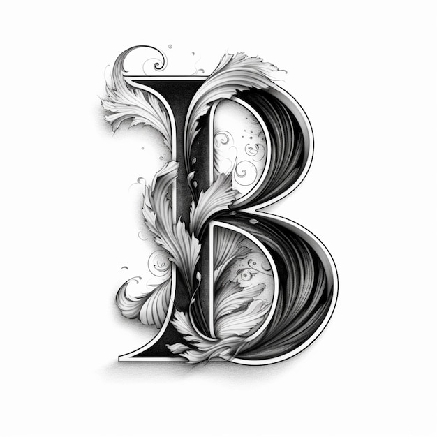 Une lettre b en noir et blanc avec des motifs floraux.