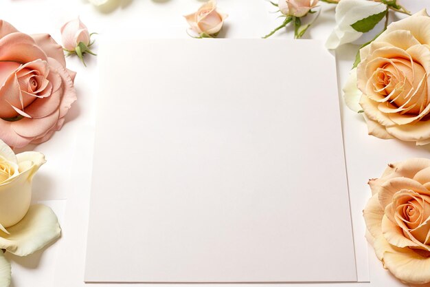 Photo lettre de carte postale en blanc sur fond de fleurs de rose