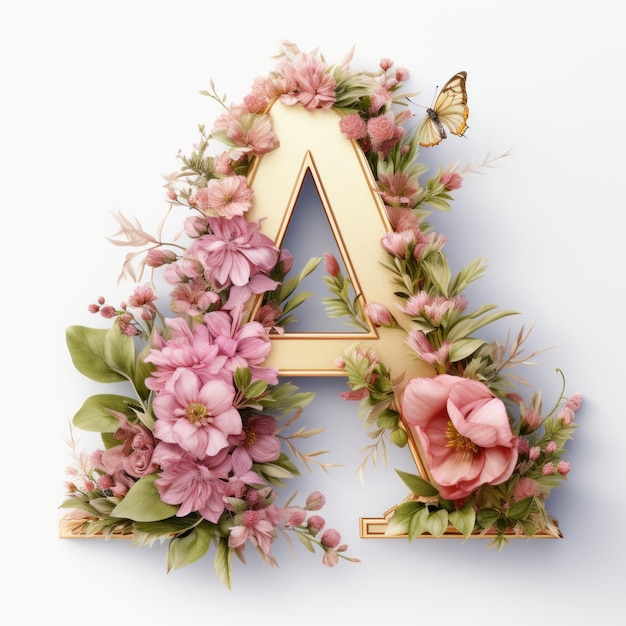 La lettre dorée "A" avec des fleurs sur fond blanc