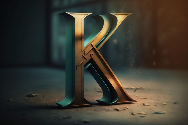 Photo la lettre dorée k dans une pièce sombre rendering 3d