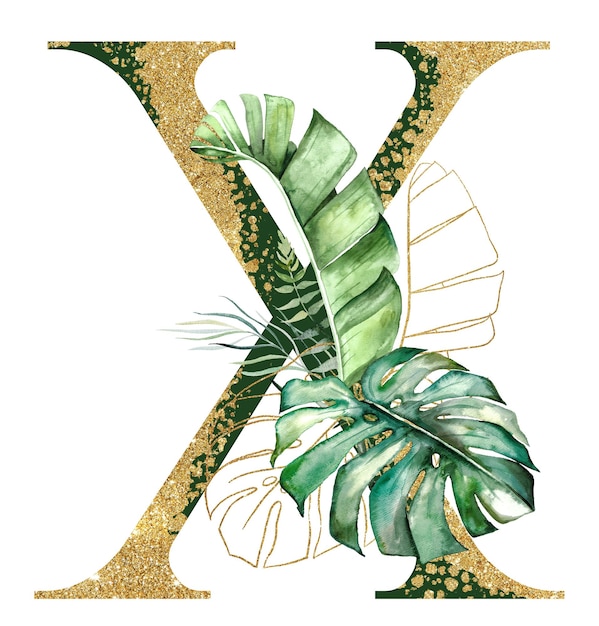 Lettre dorée X décorée de feuilles tropicales aquarelles vertes et dorées isolées