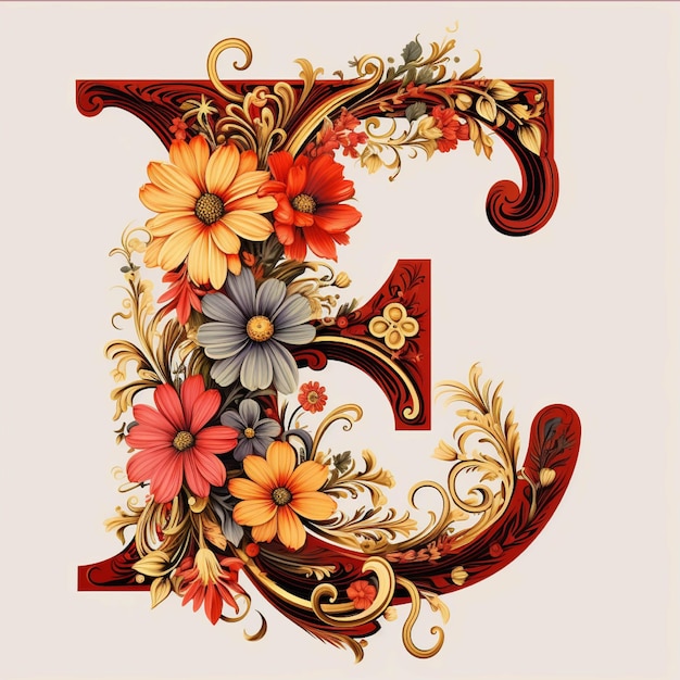 Lettre E vintage dans le style baroque avec fleurs et feuilles