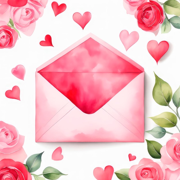 Lettre d'enveloppe de la Saint-Valentin en aquarelle avec des cœurs sur fond blanc