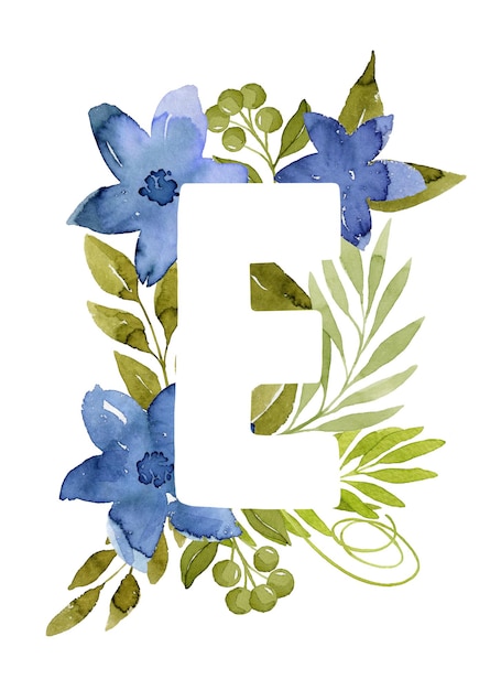 Lettre florale E monogramme bleu aquarelle fleurs feuilles vertes et baies lettrage floral