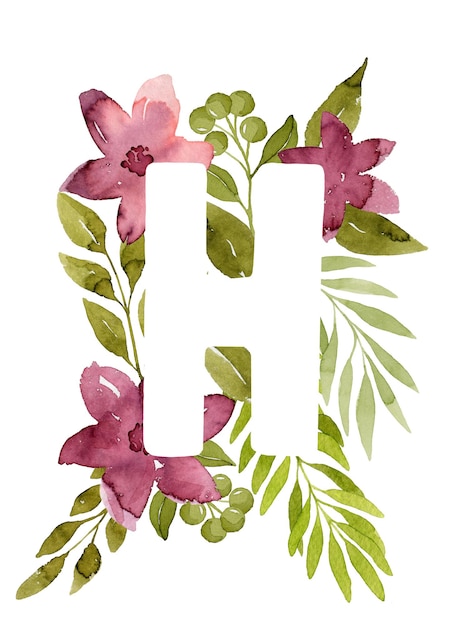 Lettre florale h monogramme fleurs aquarelles roses feuilles vertes et baies lettrage floral