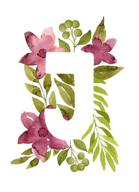 Lettre florale j monogramme fleurs aquarelles roses feuilles vertes et baies lettrage floral