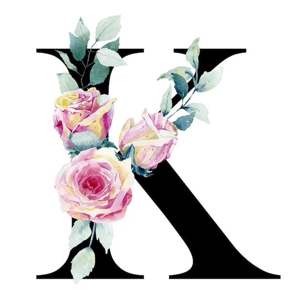 Lettre florale K avec roses aquarelles