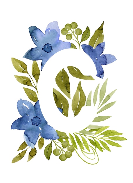 Lettre florale C monogramme bleu aquarelle fleurs feuilles vertes et baies lettrage floral