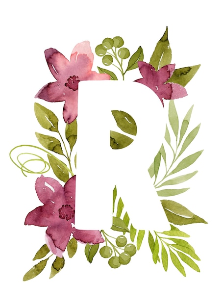 Lettre florale r monogramme fleurs aquarelles roses feuilles vertes et baies lettrage floral