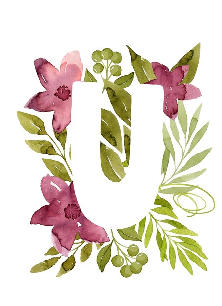 Lettre florale U monogramme rose aquarelle fleurs feuilles vertes et baies lettrage floral