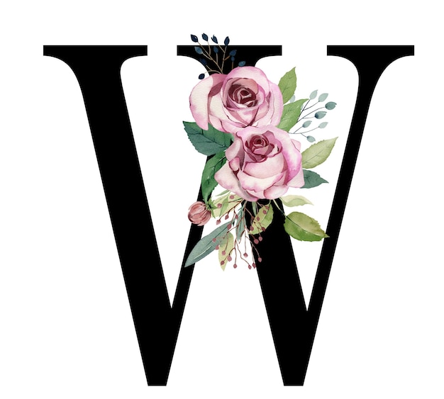 Lettre florale W avec roses aquarelles