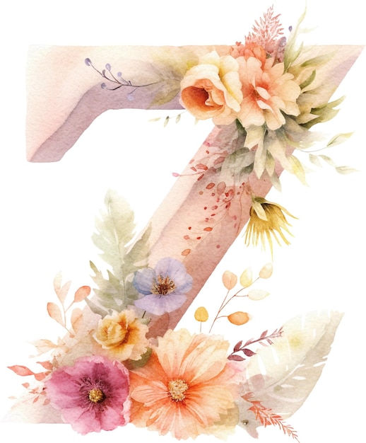 Lettre florale Z décorée de fleurs aquarelle isolée sur blanc