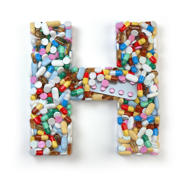 Lettre H Ensemble d'alphabet de médecine pilules gélules comprimés et blisters isolés sur blanc