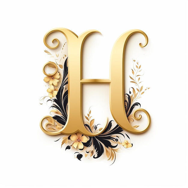 Lettre H avec logo floral doré sur fond blanc et composition dorée