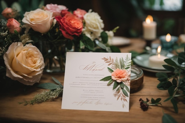 Lettre d'invitation de mariage pour les invités des jeunes mariés Les anneaux et le bouquet de la mariée se trouvent côte à côte