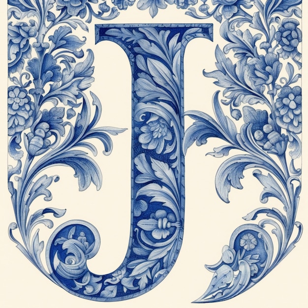 Une lettre j avec motif floral et feuilles