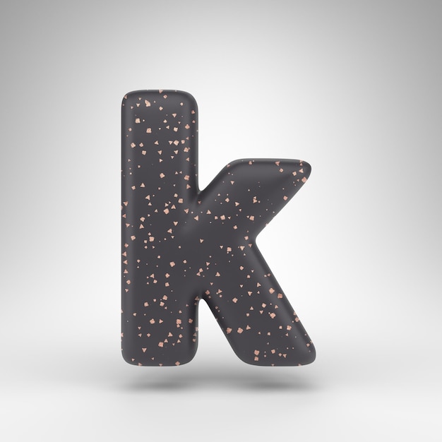 Lettre K minuscule sur fond blanc. Police de rendu 3D noir mat avec texture de points de cuivre.