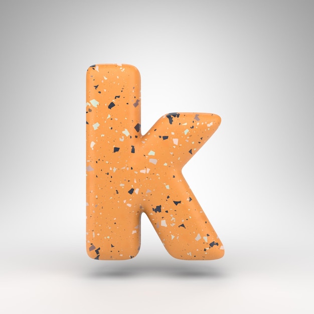Lettre K minuscule sur fond blanc. Police de rendu 3D avec texture de motif terrazzo orange.
