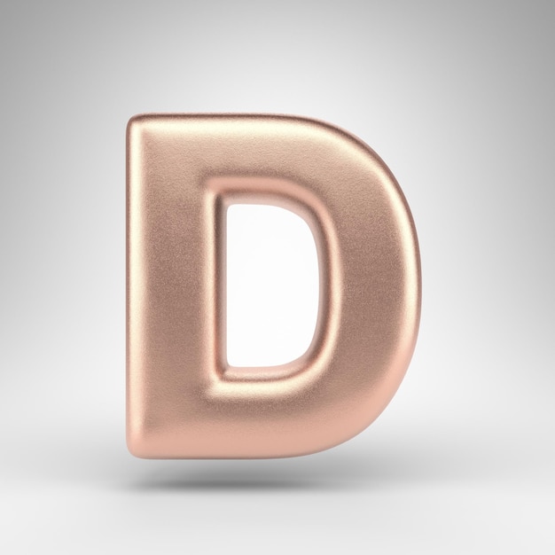 Lettre D majuscule sur fond blanc. Police de rendu 3D en cuivre mat avec une texture métallique brillante.